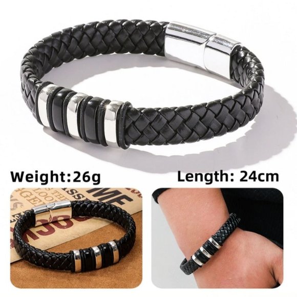 Mens Zaiden Silver Elevate Embellished Weaved Metal Leather Bracelet Black - Picture 4 of 8